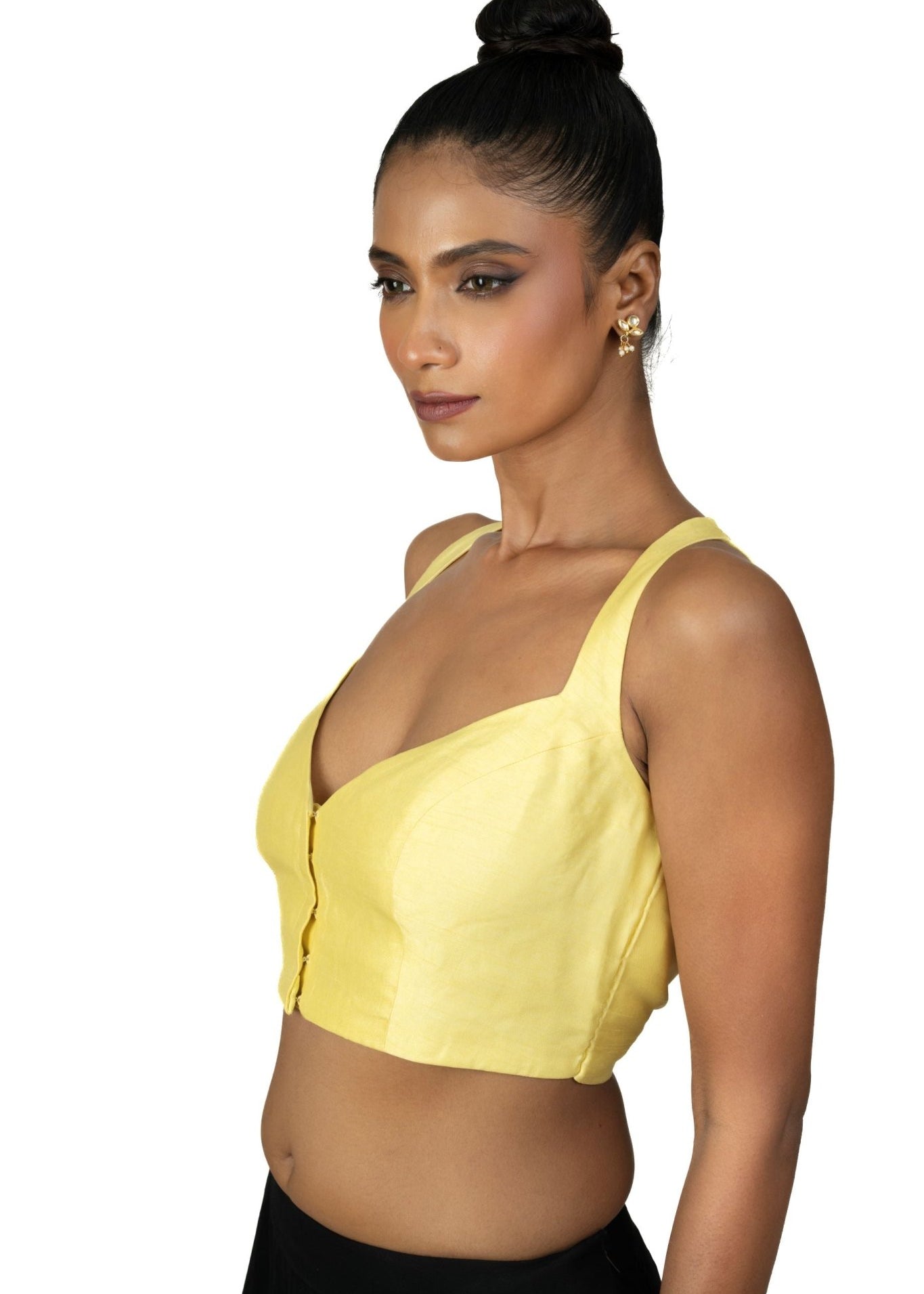 Butter Yellow Sleeveless Saree Blouse With Queen Anne Neckline - Anvi Couture
