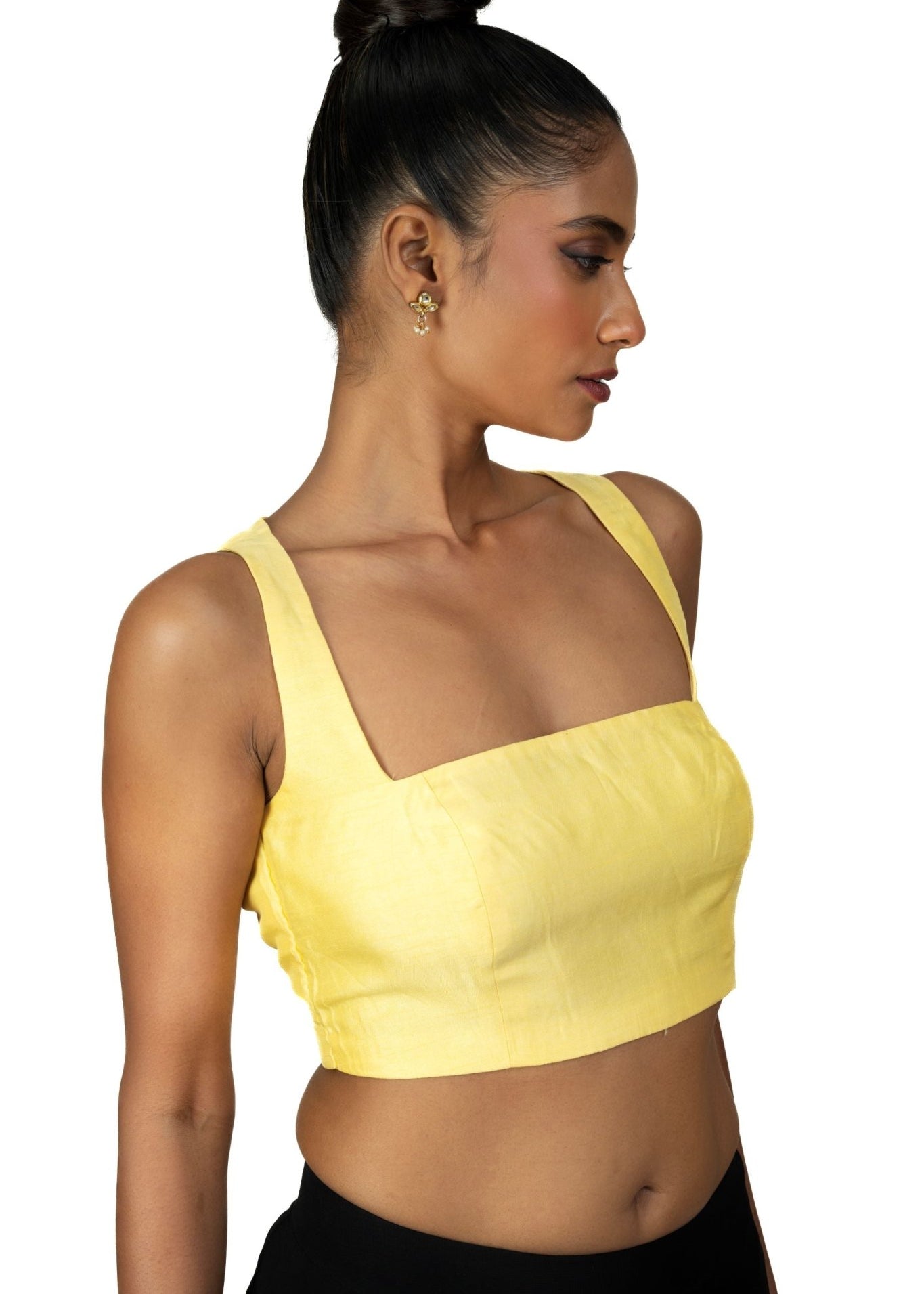 Butter Yellow Sleeveless Saree Blouse With Square Neckline - Anvi Couture