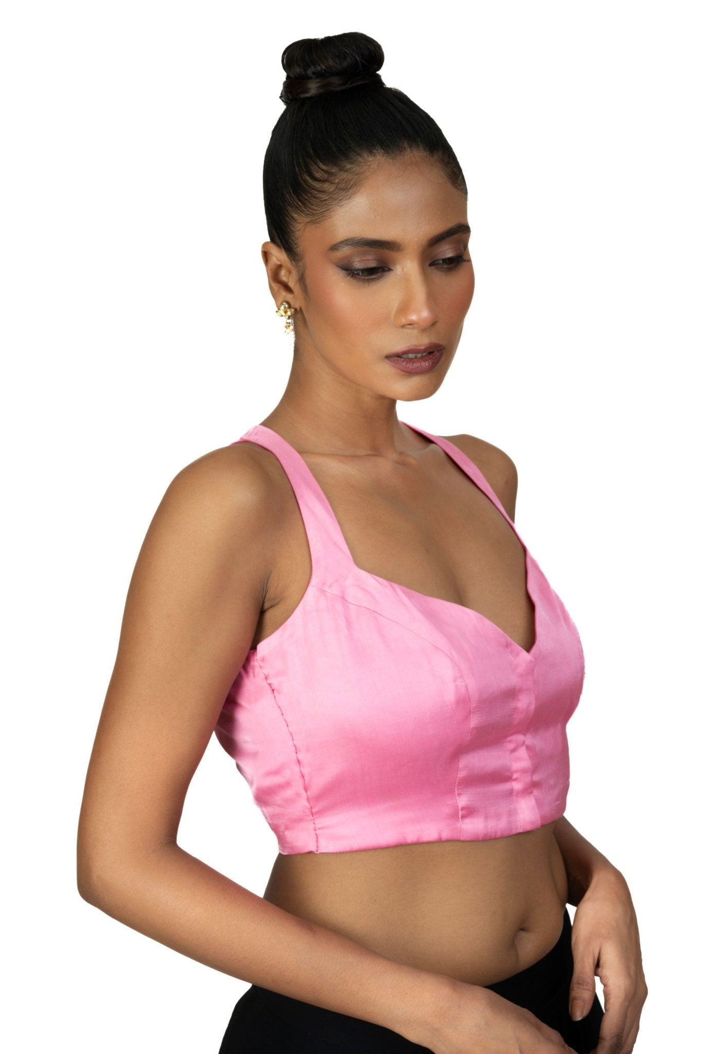 Light Pink Sleeveless Saree Blouse With Queen Anne Neckline - Anvi Couture