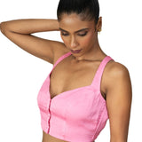 Light Pink Sleeveless Saree Blouse With Queen Anne Neckline - Anvi Couture