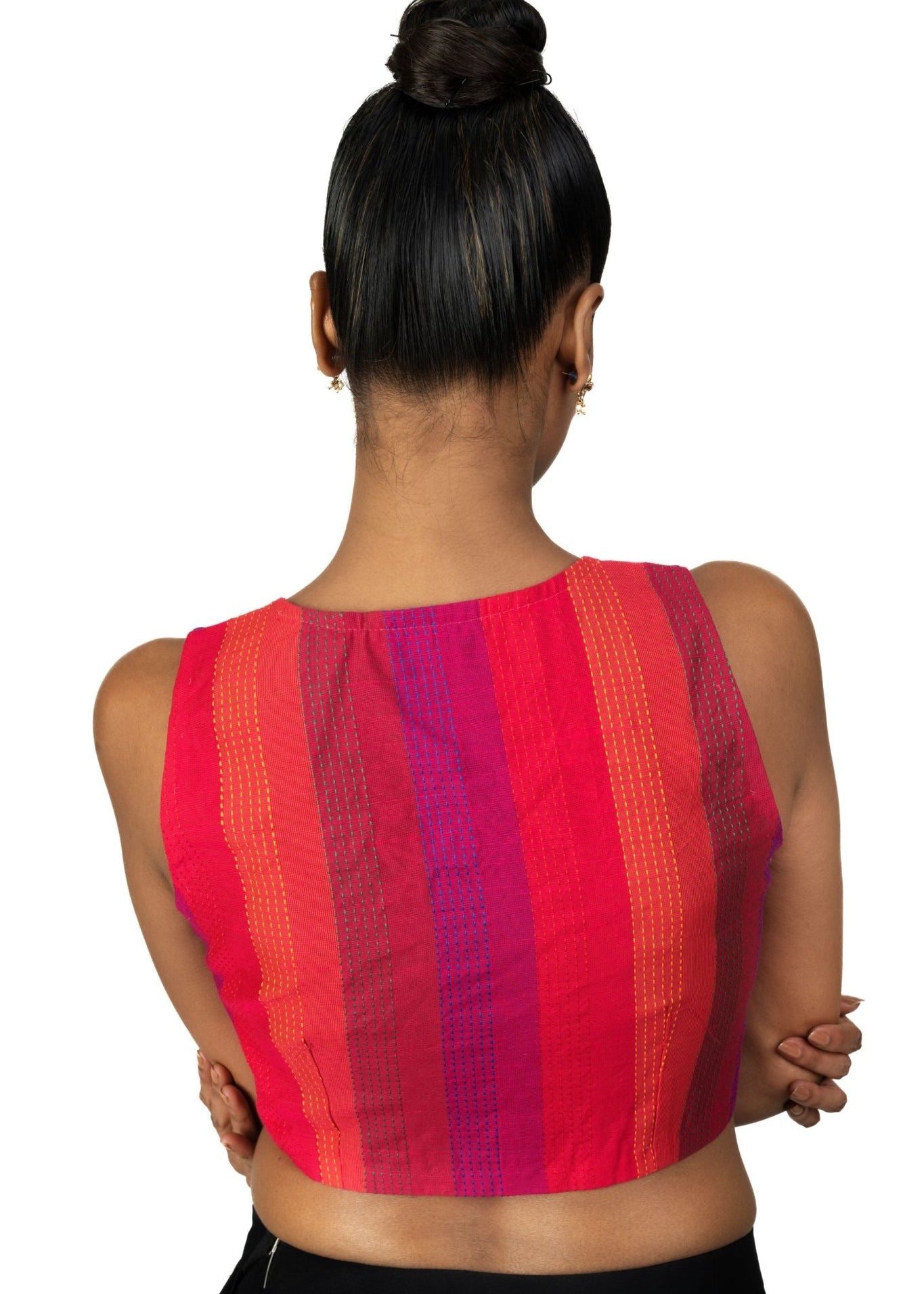 Blue and Pink Close Neckline Sleeveless Blouse - Anvi Couture