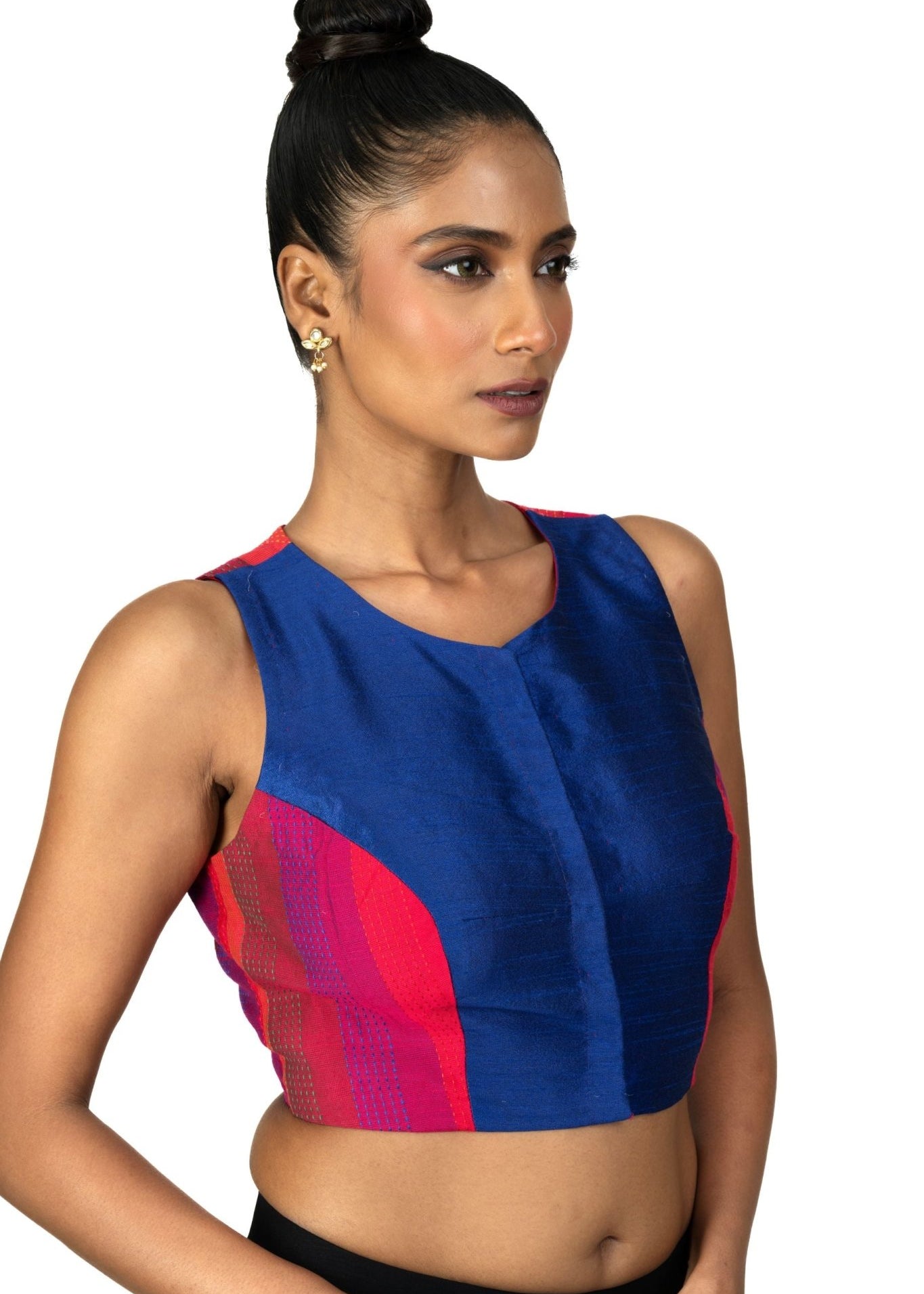 Blue and Pink Close Neckline Sleeveless Blouse - Anvi Couture