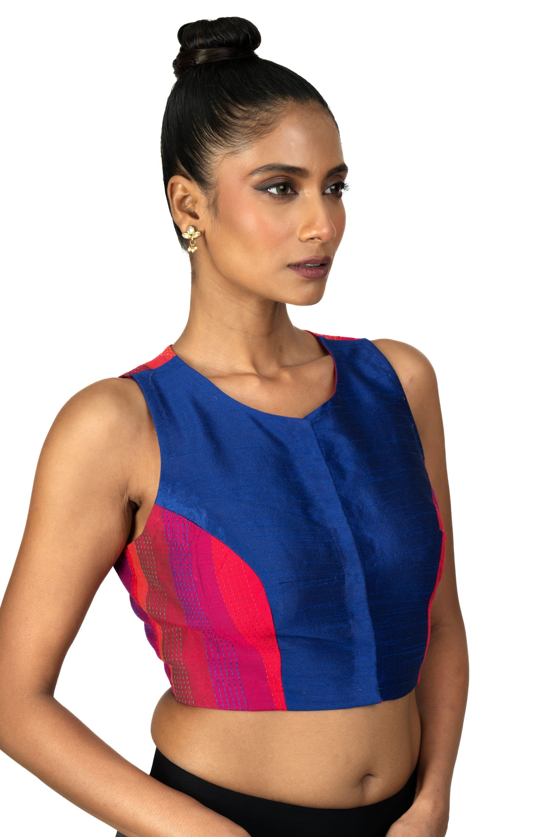 Blue and Pink Close Neckline Sleeveless Blouse - image 3