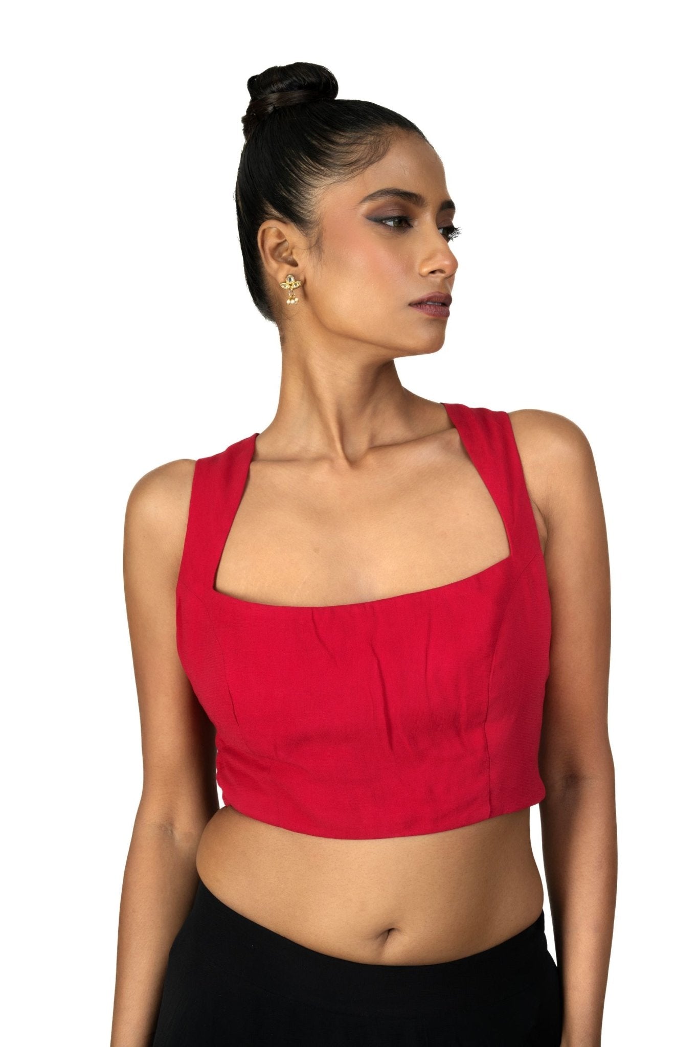 Red Broad Square Neck Sleeveless Blouse - Anvi Couture