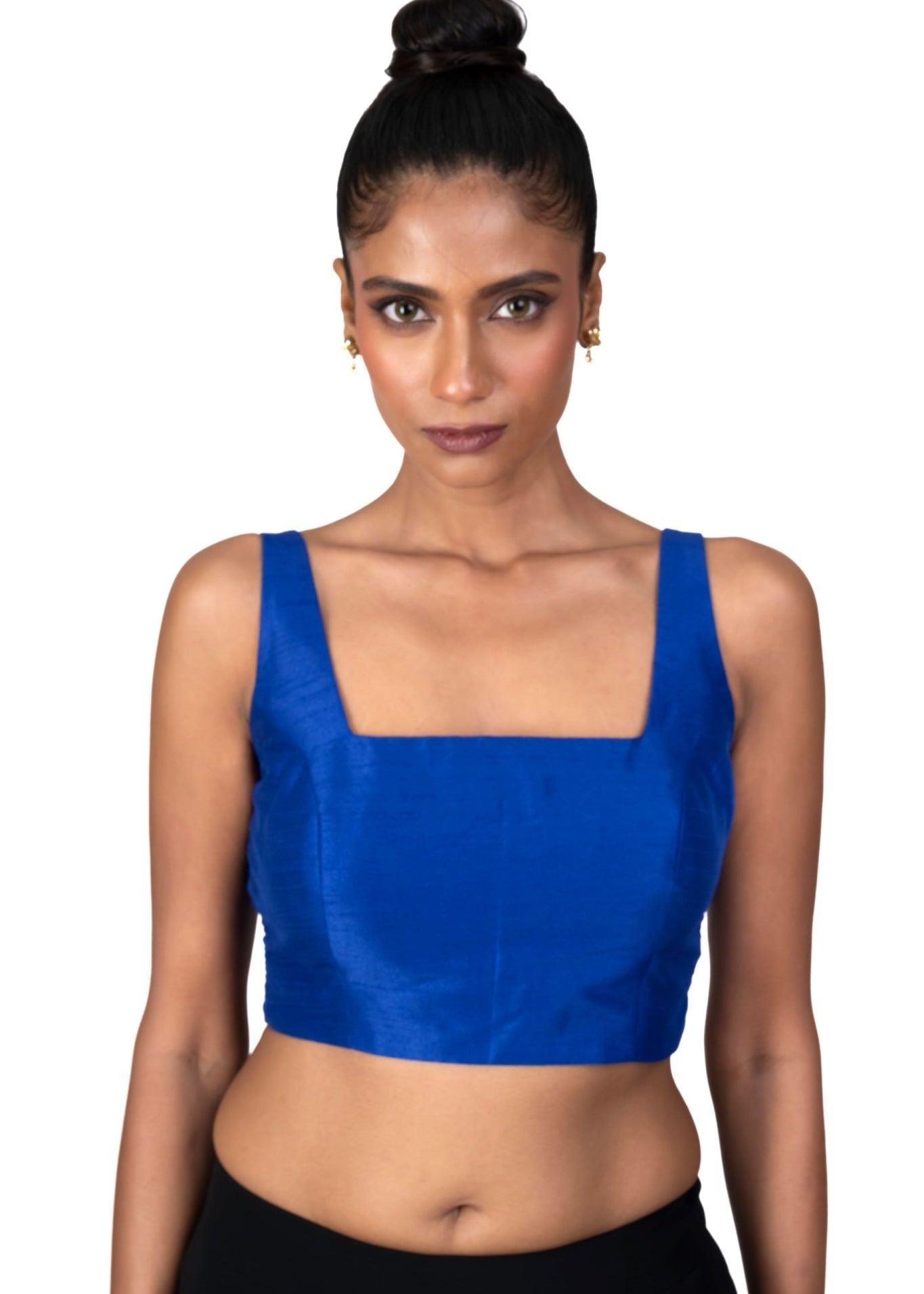 Blue Raw Silk Square Neckline Sleeveless Blouse - Anvi Couture