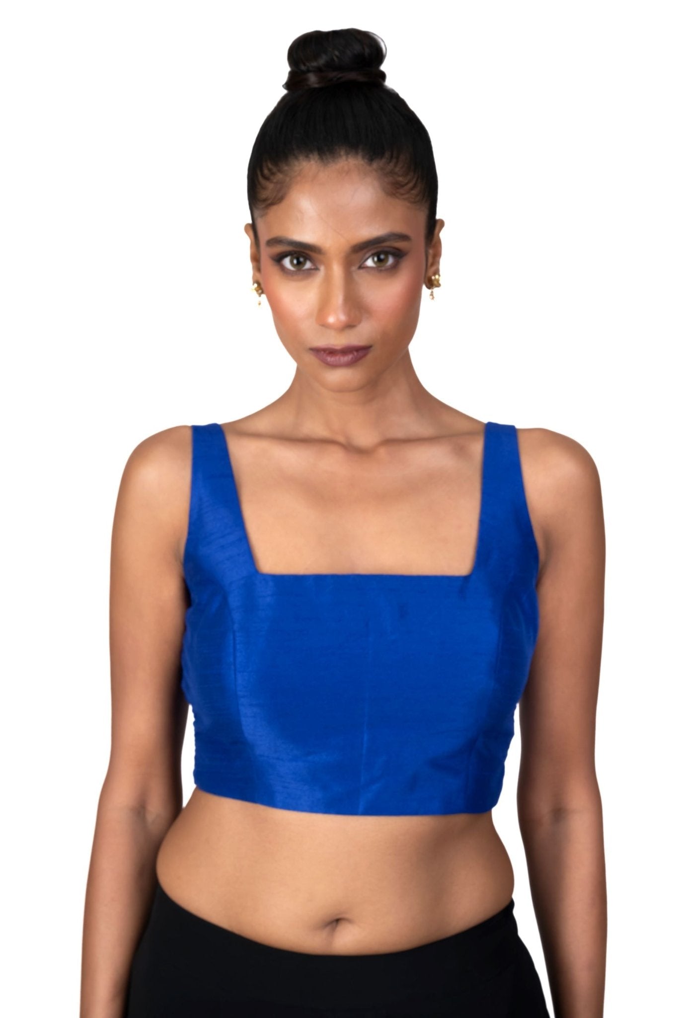 Blue Raw Silk Square Neckline Sleeveless Blouse - Anvi Couture