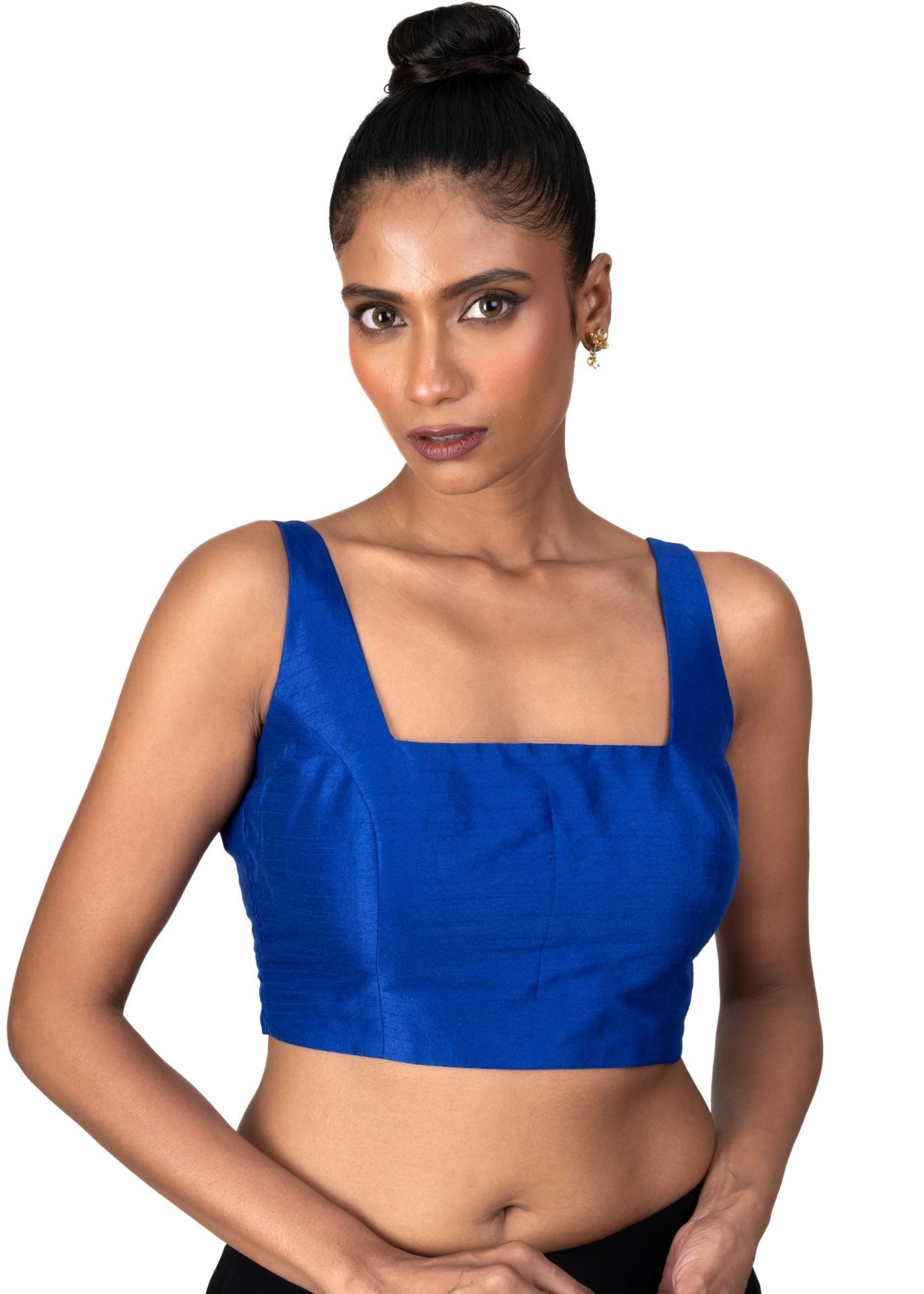 Blue Raw Silk Square Neckline Sleeveless Blouse - Anvi Couture