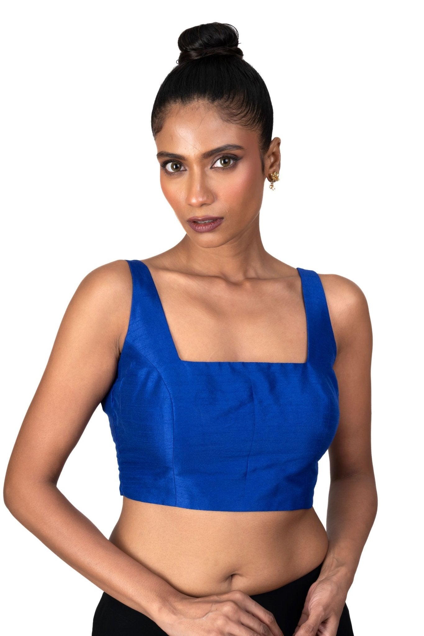 Blue Raw Silk Square Neckline Sleeveless Blouse - Anvi Couture