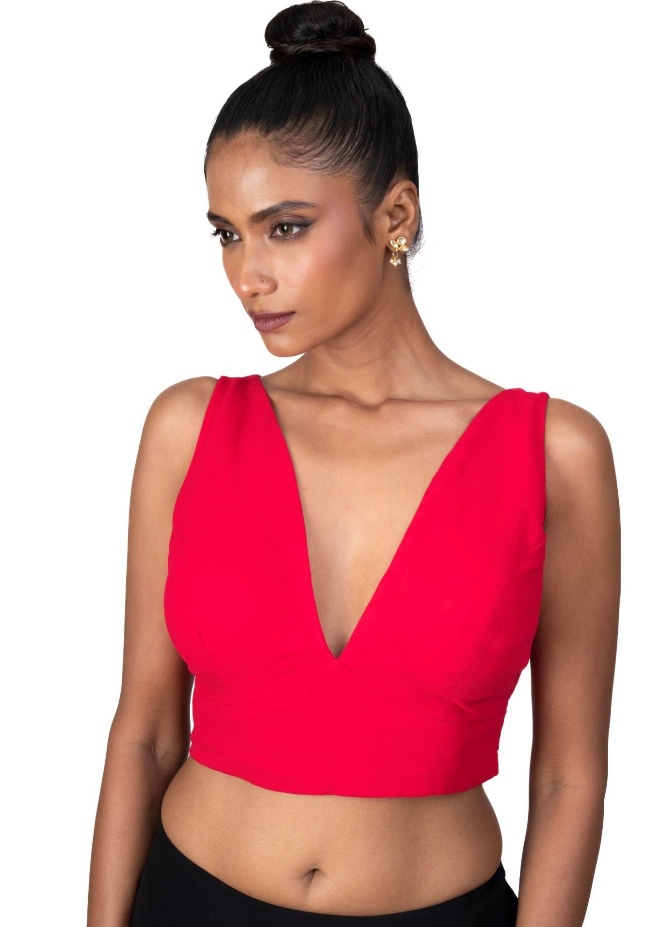 Rose Red V Neckline Sleeveless Blouse - Anvi Couture
