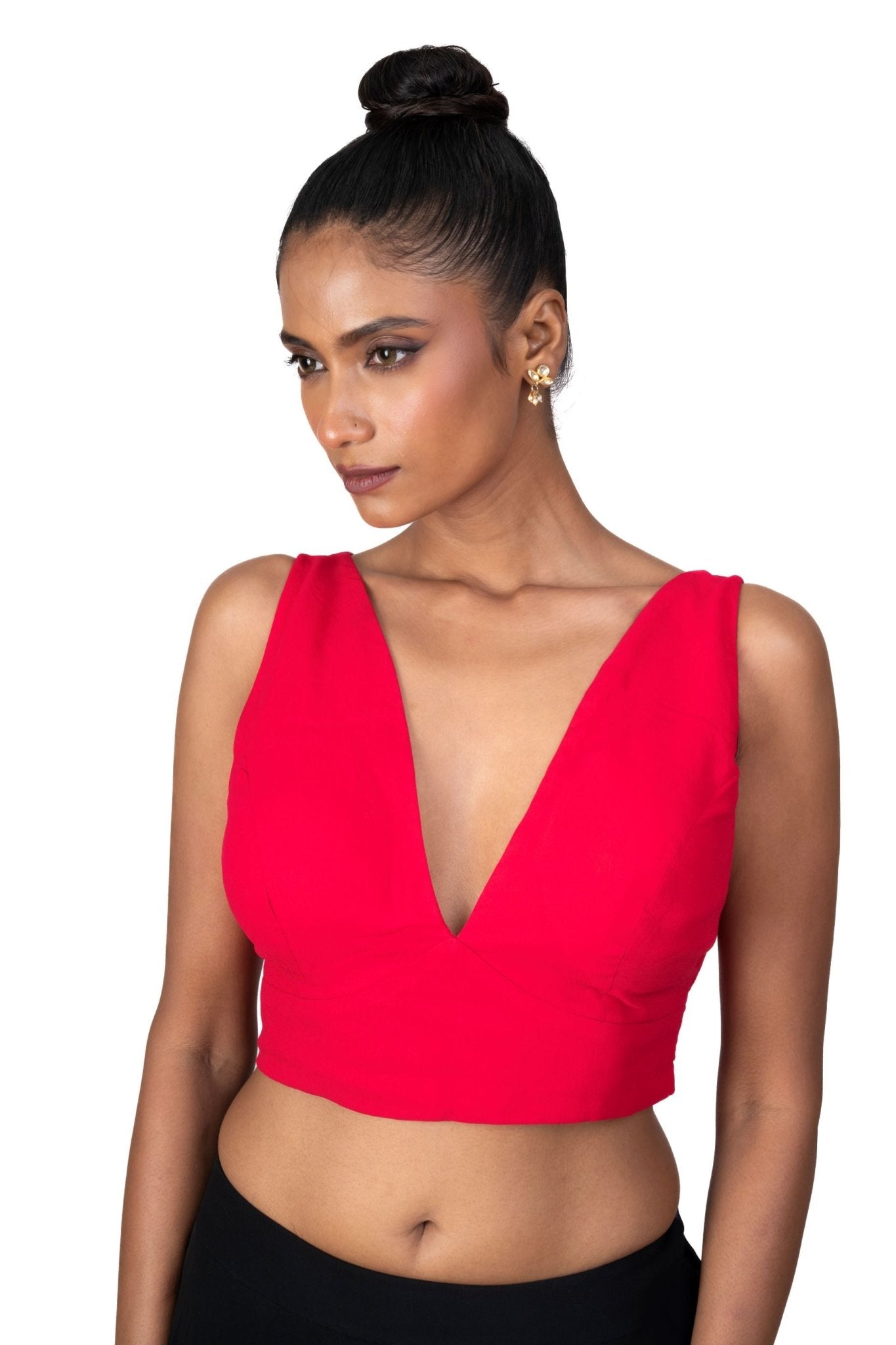 Rose Red V Neckline Sleeveless Blouse - Anvi Couture
