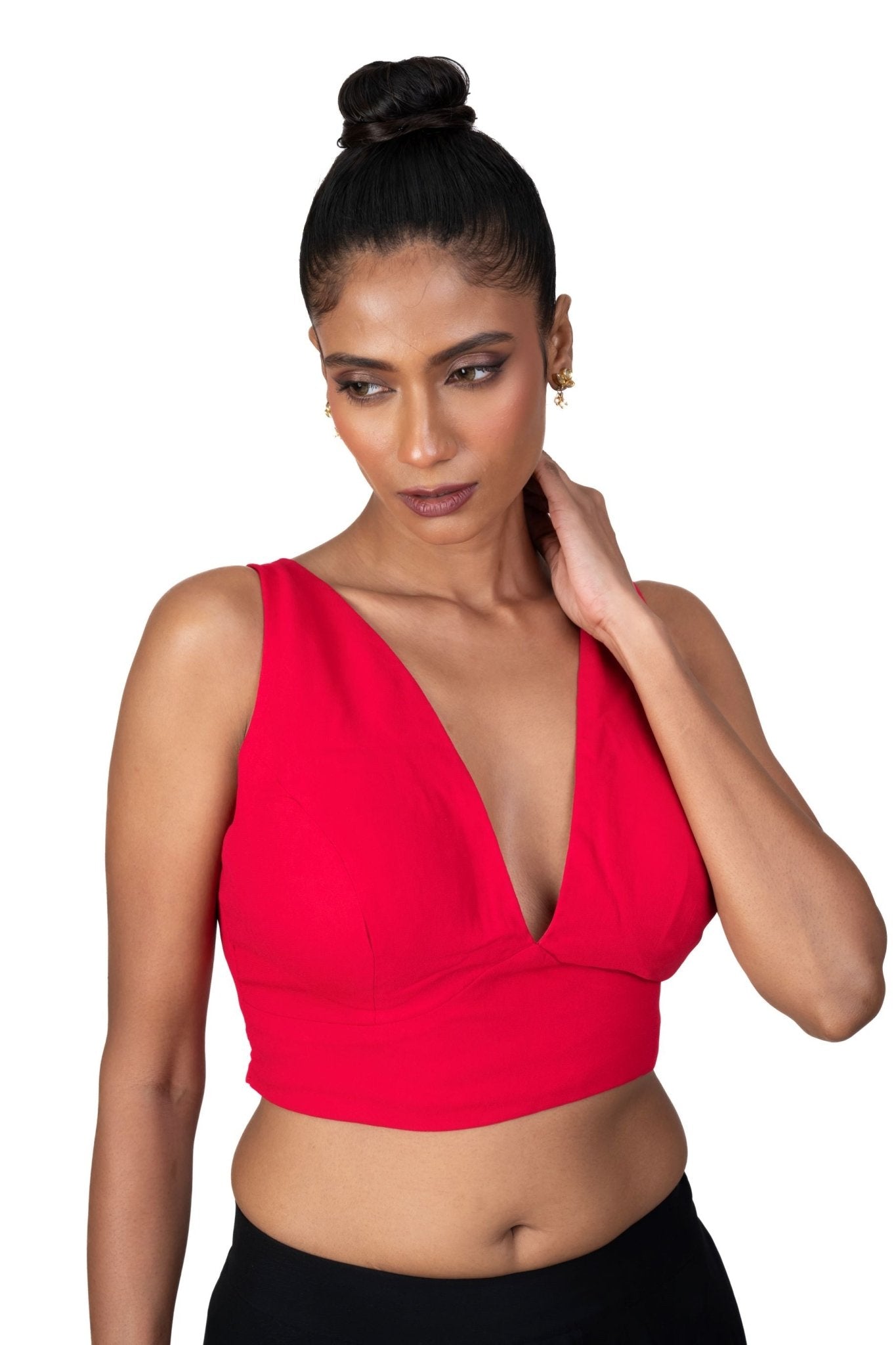 Rose Red V Neckline Sleeveless Blouse - Anvi Couture