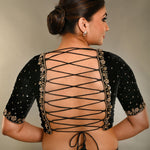 Black Zardosi Designer Backless Blouse In Velvet With Criss-Cross Tie-Up - Anvi Couture