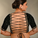 Black Zardosi Designer Backless Blouse In Velvet With Criss-Cross Tie-Up - Anvi Couture