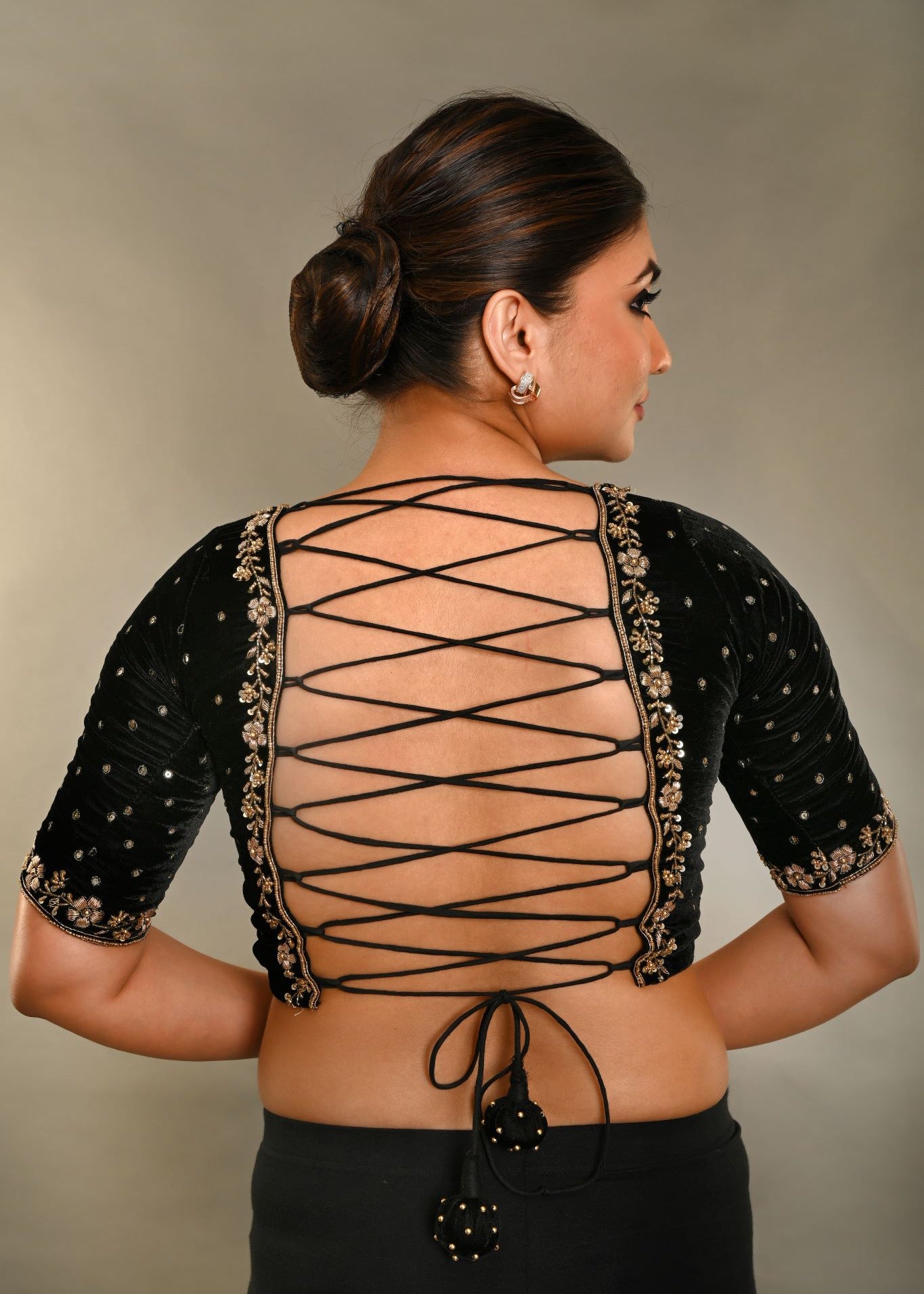 Black Zardosi Designer Backless Blouse In Velvet With Criss-Cross Tie-Up - Anvi Couture