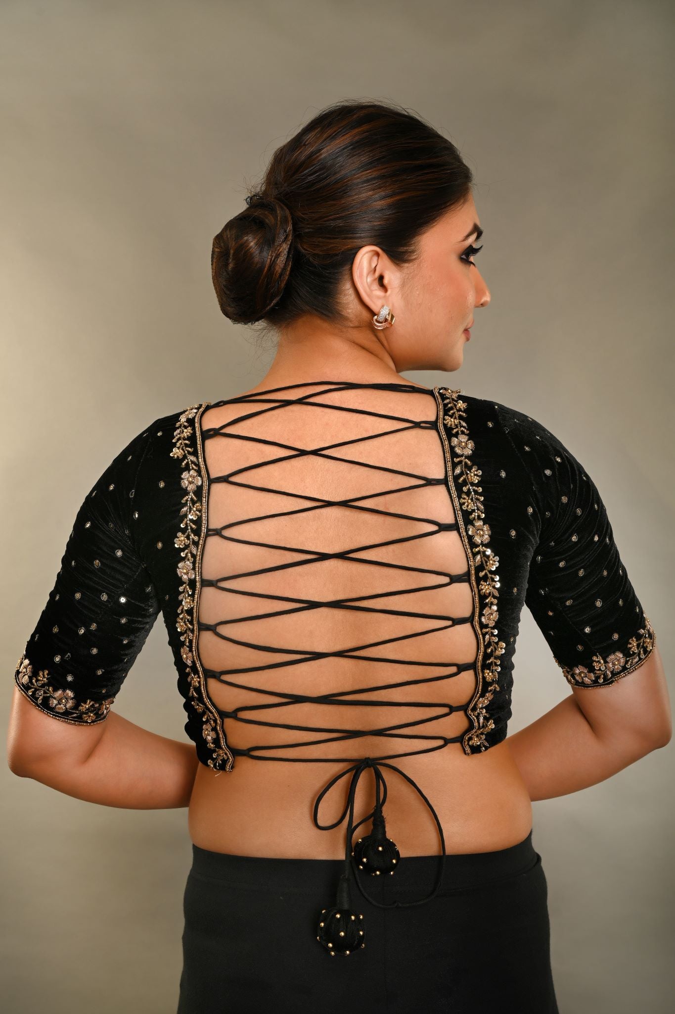 Black Zardosi Designer Backless Blouse In Velvet With Criss-Cross Tie-Up - Anvi Couture