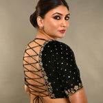 Black Zardosi Designer Backless Blouse In Velvet With Criss-Cross Tie-Up - Anvi Couture