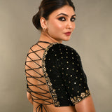 Black Zardosi Designer Backless Blouse In Velvet With Criss-Cross Tie-Up - Anvi Couture