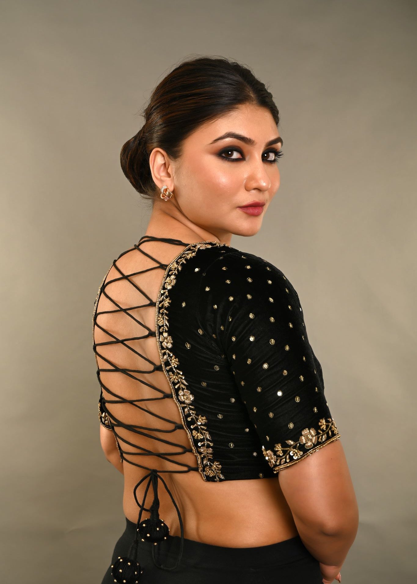 Black Zardosi Designer Backless Blouse In Velvet With Criss-Cross Tie-Up - Anvi Couture