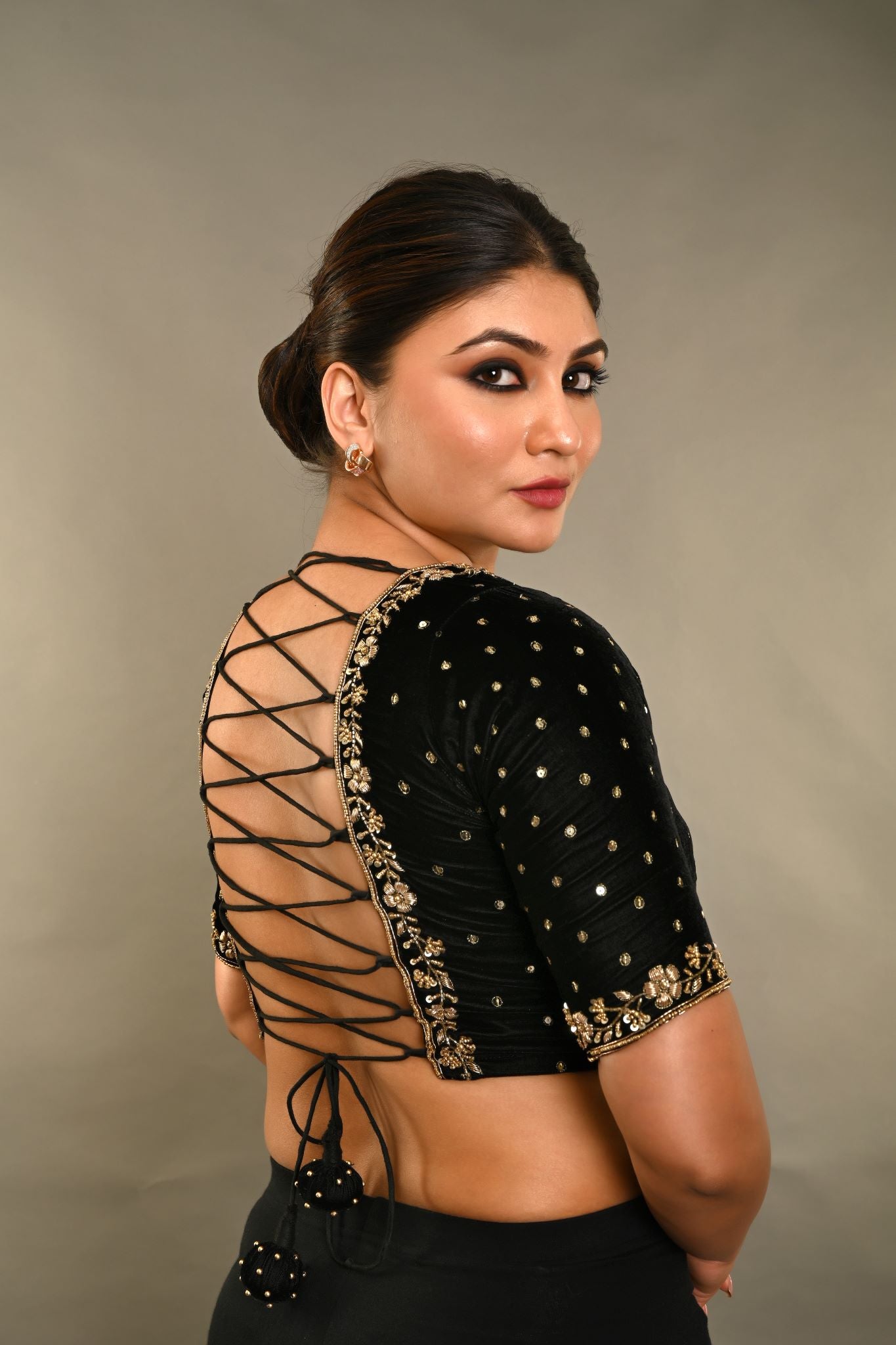 Black Zardosi Designer Backless Blouse In Velvet With Criss-Cross Tie-Up - Anvi Couture