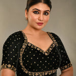 Black Zardosi Designer Backless Blouse In Velvet With Criss-Cross Tie-Up - Anvi Couture