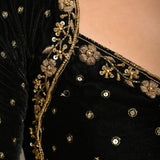 Black Zardosi Designer Backless Blouse In Velvet With Criss-Cross Tie-Up - Anvi Couture