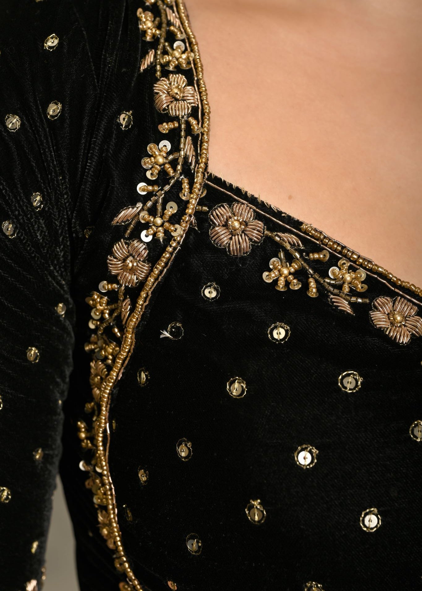 Black Zardosi Designer Backless Blouse In Velvet With Criss-Cross Tie-Up - Anvi Couture