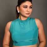 Teal Blue High Neckline Sleeveless Crepe Silk Blouse - Anvi Couture