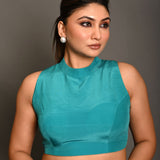 Teal Blue High Neckline Sleeveless Crepe Silk Blouse - Anvi Couture