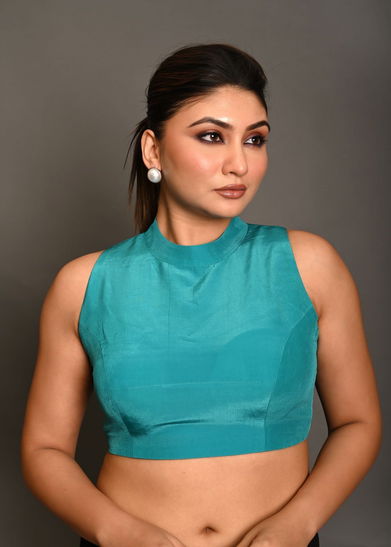 Teal Blue High Neckline Sleeveless Crepe Silk Blouse - Anvi Couture