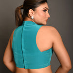 Teal Blue High Neckline Sleeveless Crepe Silk Blouse - Anvi Couture