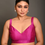 Magenta Pink Blouse In Raw Silk With Sweetheart Neckline and broad strap - Anvi Couture