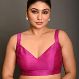 Magenta Pink Blouse In Raw Silk With Sweetheart Neckline and broad strap - Anvi Couture