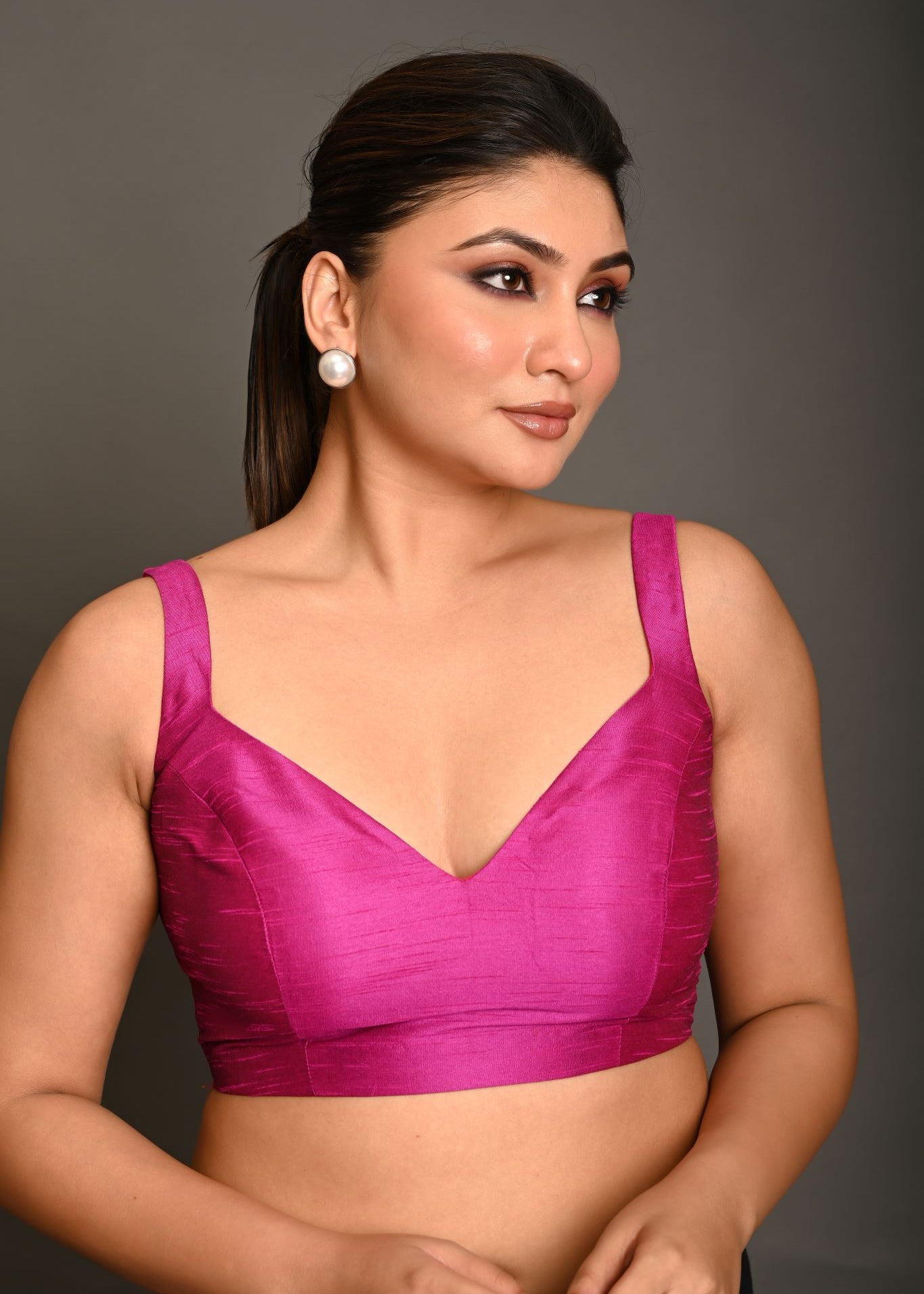 Magenta Pink Blouse In Raw Silk With Sweetheart Neckline and broad strap - Anvi Couture