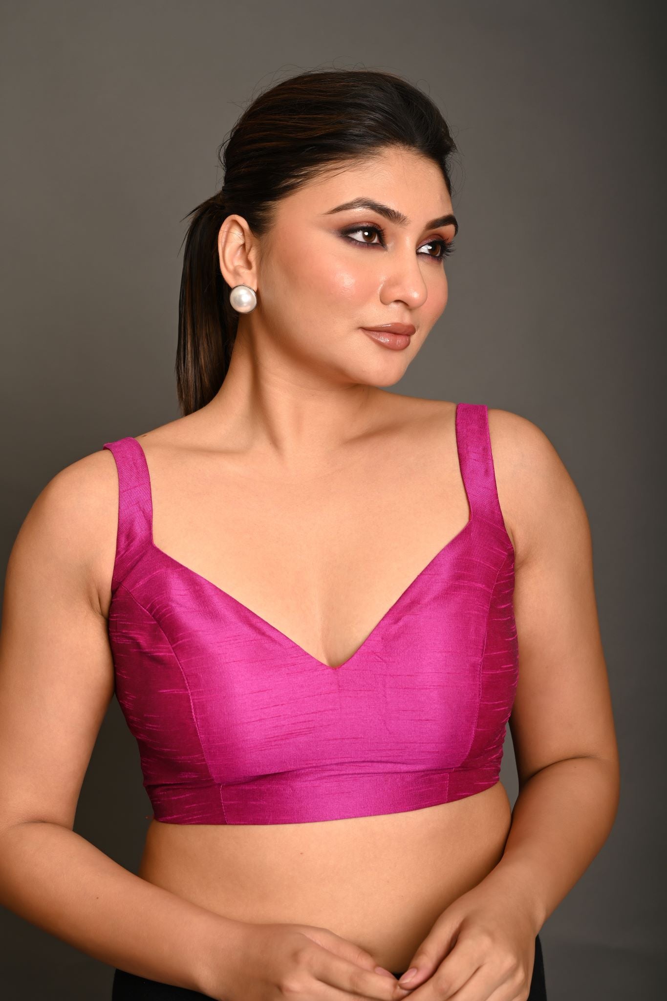 Magenta Pink Blouse In Raw Silk With Sweetheart Neckline and broad strap - Anvi Couture