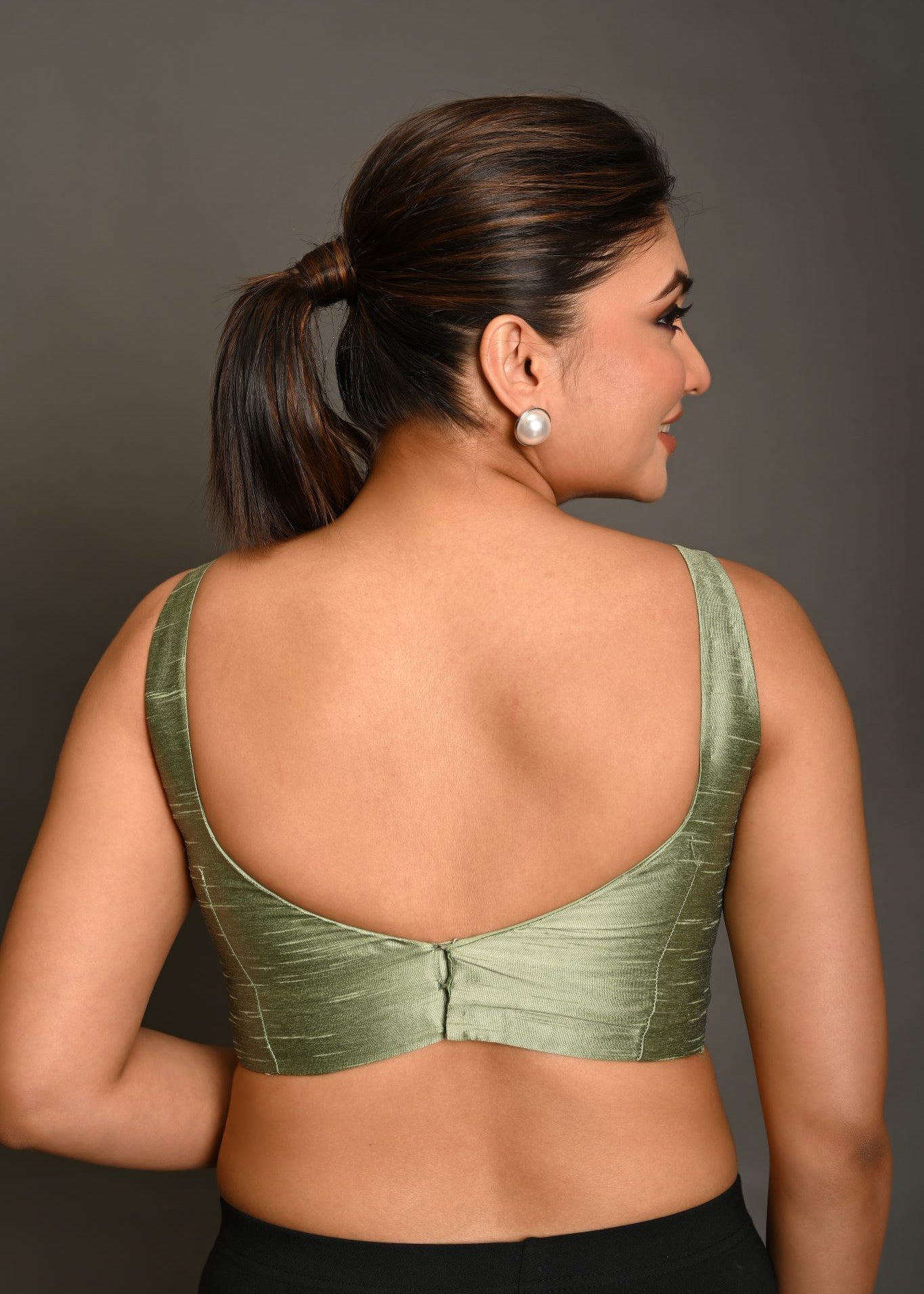 Pastel Green Blouse in Raw Silk With Sweetheart Neckline and broad strap - Anvi Couture