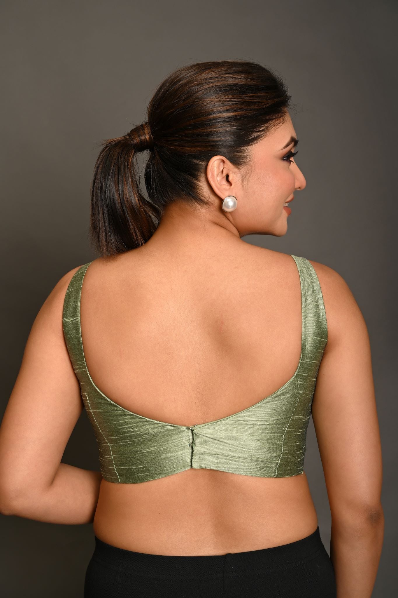 Pastel Green Blouse in Raw Silk With Sweetheart Neckline and broad strap - Anvi Couture