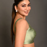 Pastel Green Blouse in Raw Silk With Sweetheart Neckline and broad strap - Anvi Couture