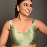 Pastel Green Blouse in Raw Silk With Sweetheart Neckline and broad strap - Anvi Couture