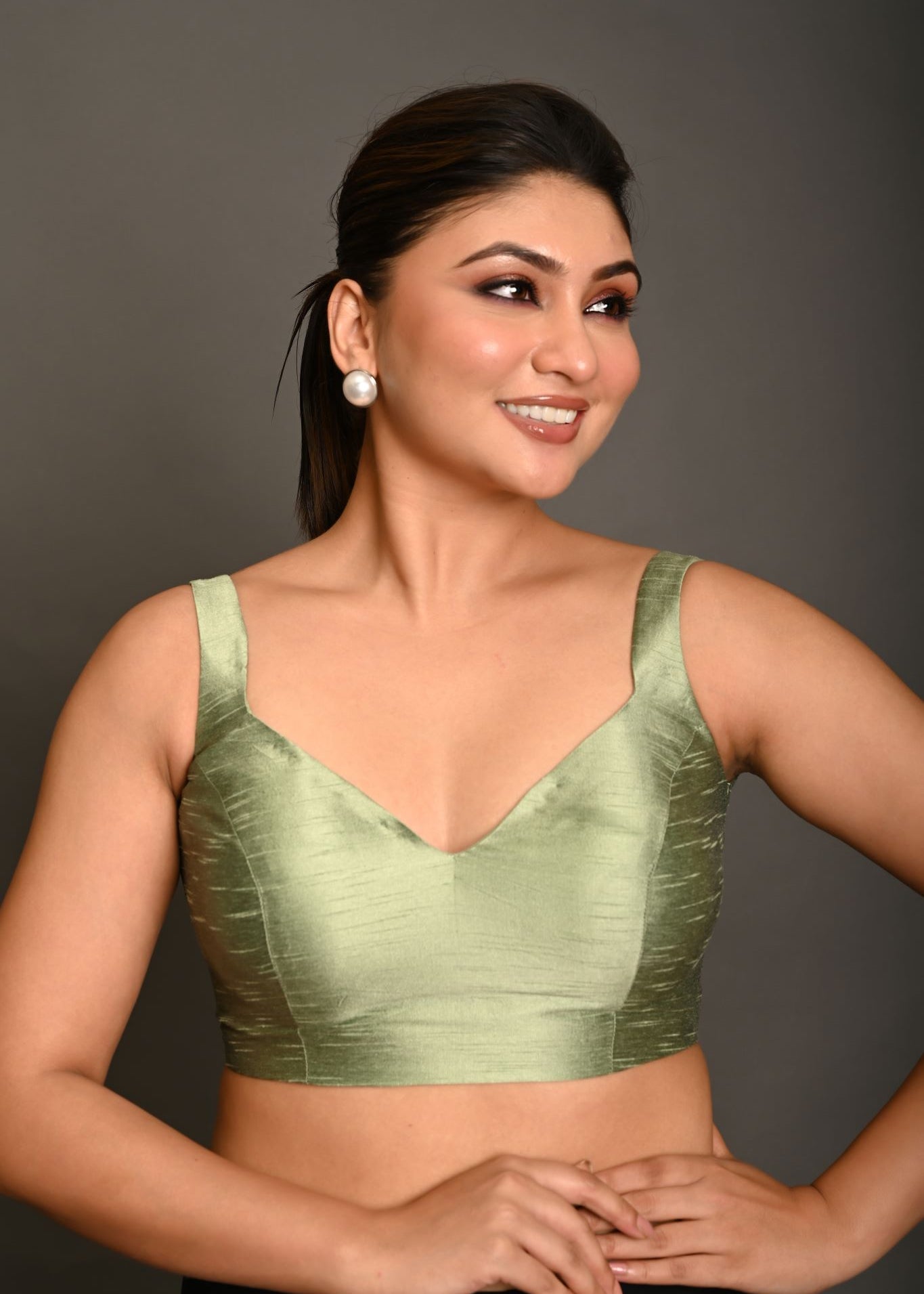 Pastel Green Blouse in Raw Silk With Sweetheart Neckline and broad strap - Anvi Couture