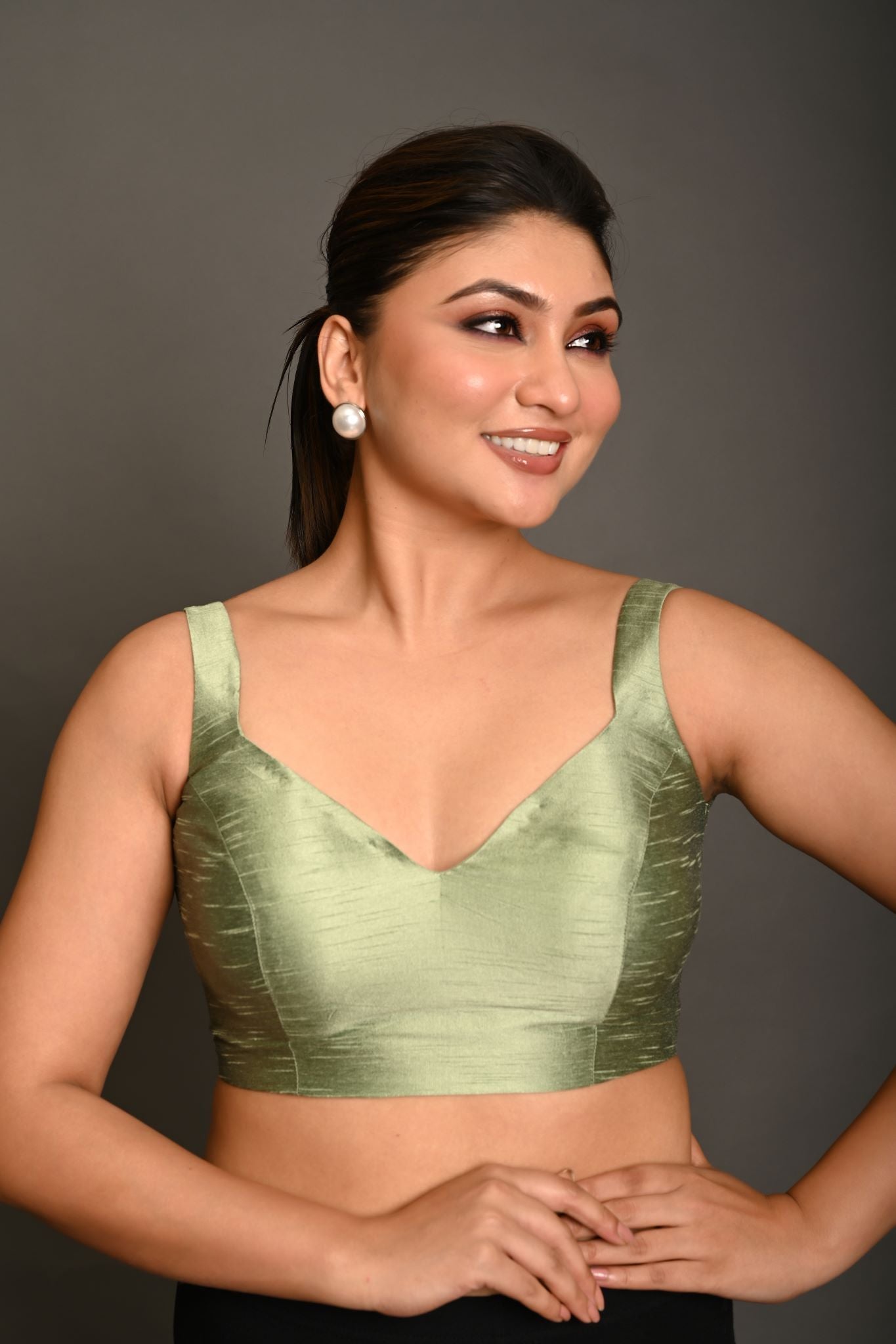 Pastel Green Blouse in Raw Silk With Sweetheart Neckline and broad strap - Anvi Couture