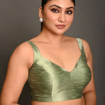 Pastel Green Blouse in Raw Silk With Sweetheart Neckline and broad strap - Anvi Couture