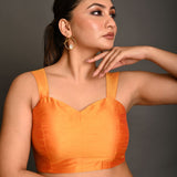 Orange Sleeveless Blouse In Raw Silk With Sweetheart Neckline Thick Strap With Back Hook Closure - Anvi Couture