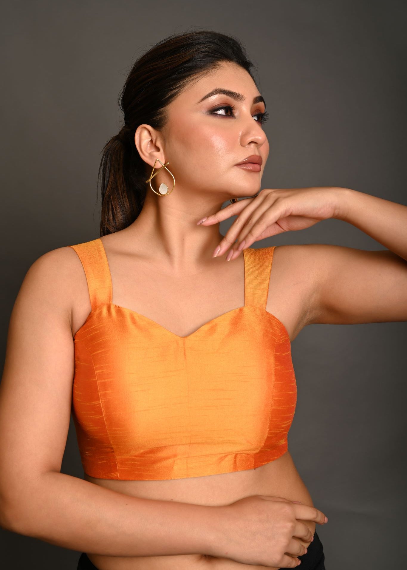 Orange Sleeveless Blouse In Raw Silk With Sweetheart Neckline Thick Strap With Back Hook Closure - Anvi Couture