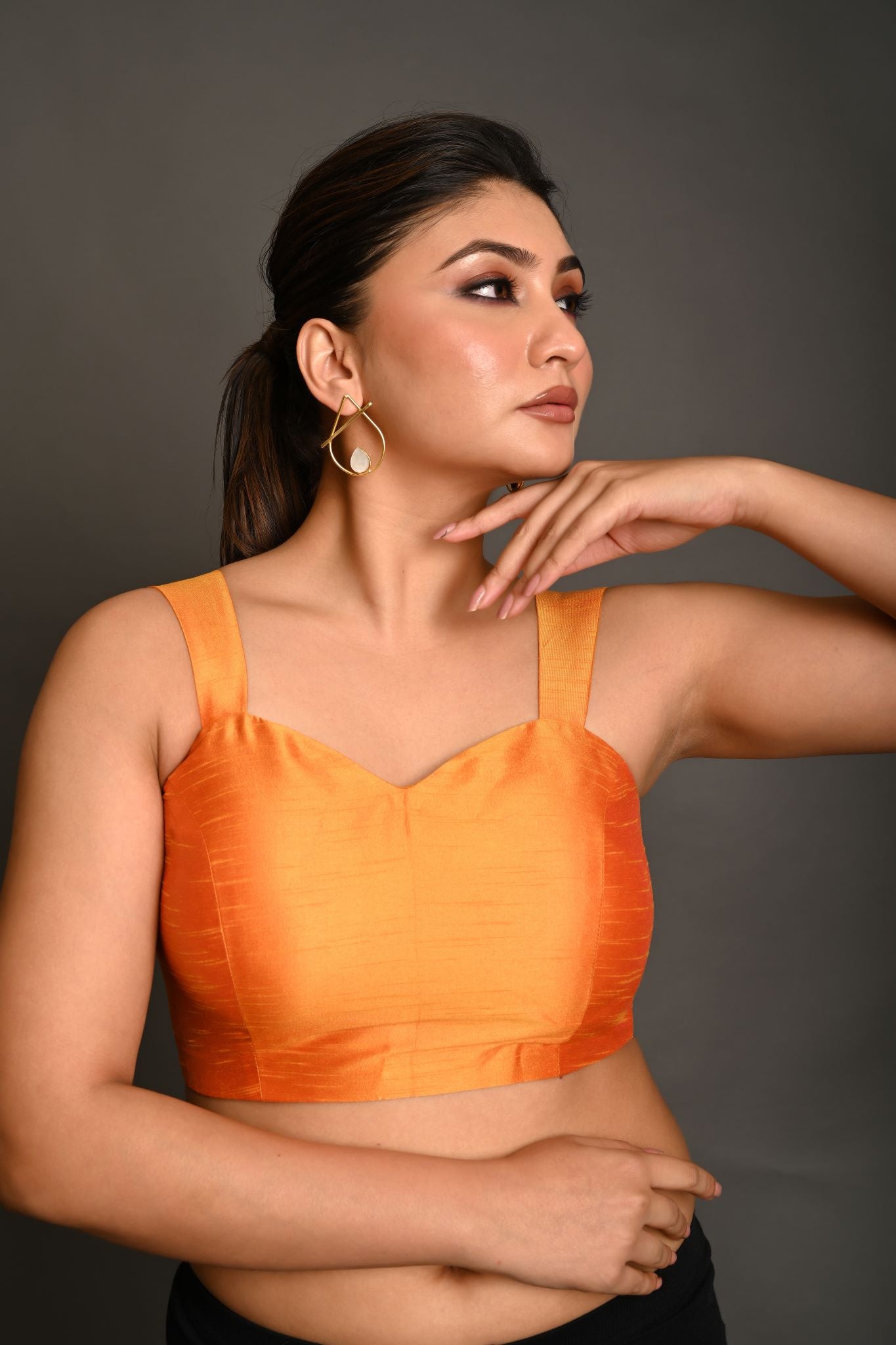 Orange Sleeveless Blouse In Raw Silk With Sweetheart Neckline Thick Strap With Back Hook Closure - Anvi Couture