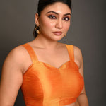 Orange Sleeveless Blouse In Raw Silk With Sweetheart Neckline Thick Strap With Back Hook Closure - Anvi Couture