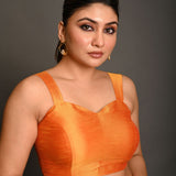 Orange Sleeveless Blouse In Raw Silk With Sweetheart Neckline Thick Strap With Back Hook Closure - Anvi Couture