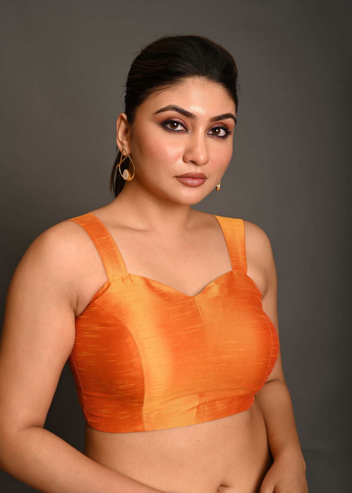 Orange Sleeveless Blouse In Raw Silk With Sweetheart Neckline Thick Strap With Back Hook Closure - Anvi Couture