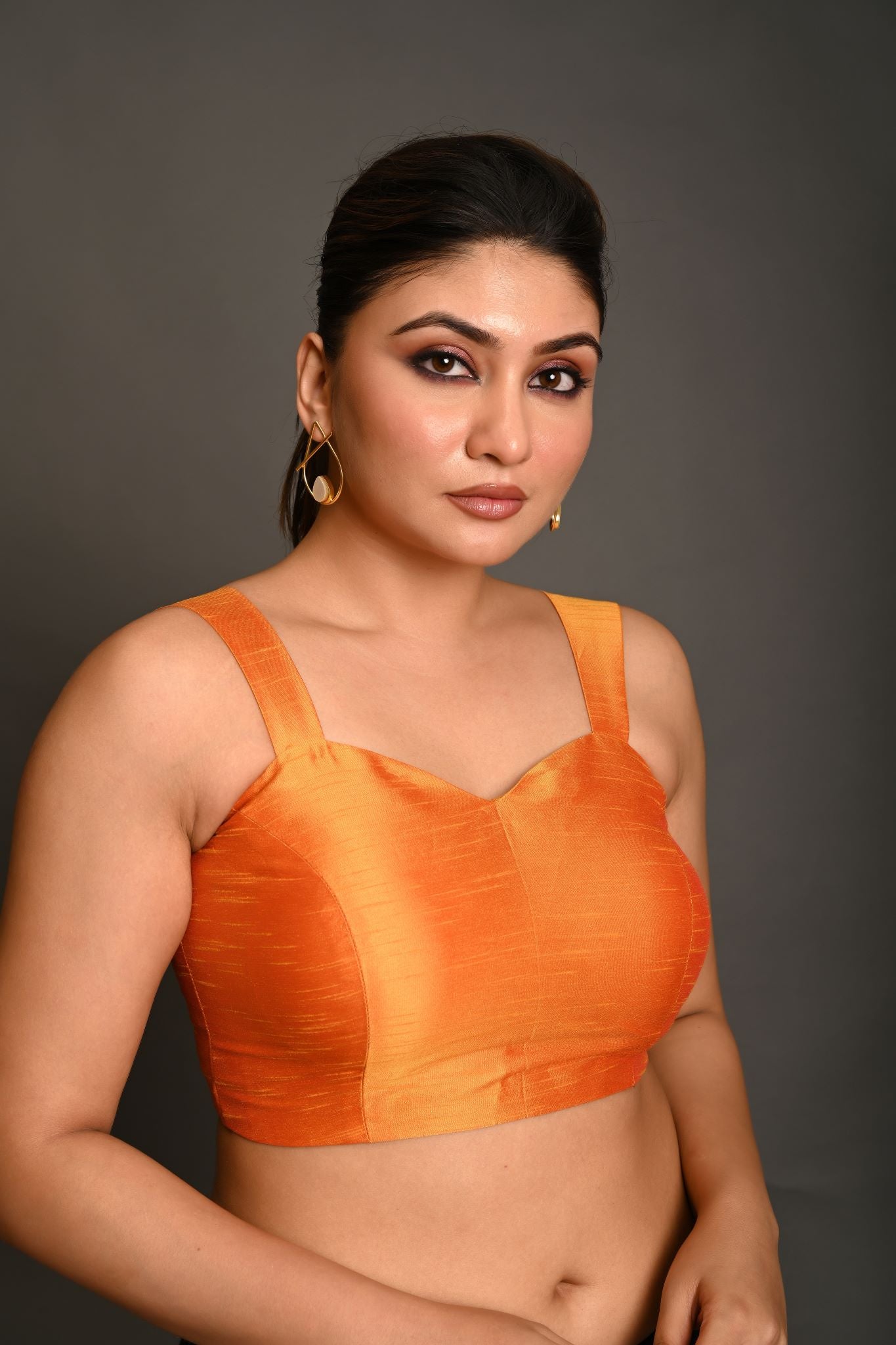 Orange Sleeveless Blouse In Raw Silk With Sweetheart Neckline Thick Strap With Back Hook Closure - Anvi Couture