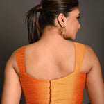 Orange Sleeveless Blouse In Raw Silk With Sweetheart Neckline Thick Strap With Back Hook Closure - Anvi Couture