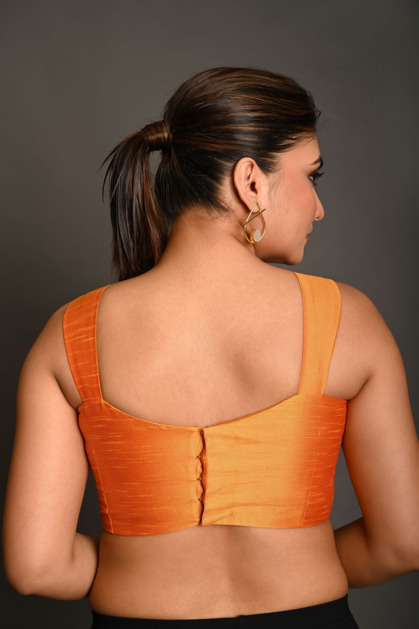 Orange Sleeveless Blouse In Raw Silk With Sweetheart Neckline Thick Strap With Back Hook Closure - Anvi Couture